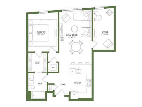 Floor plan for 1 bed, 1 bath, 910 sqft
